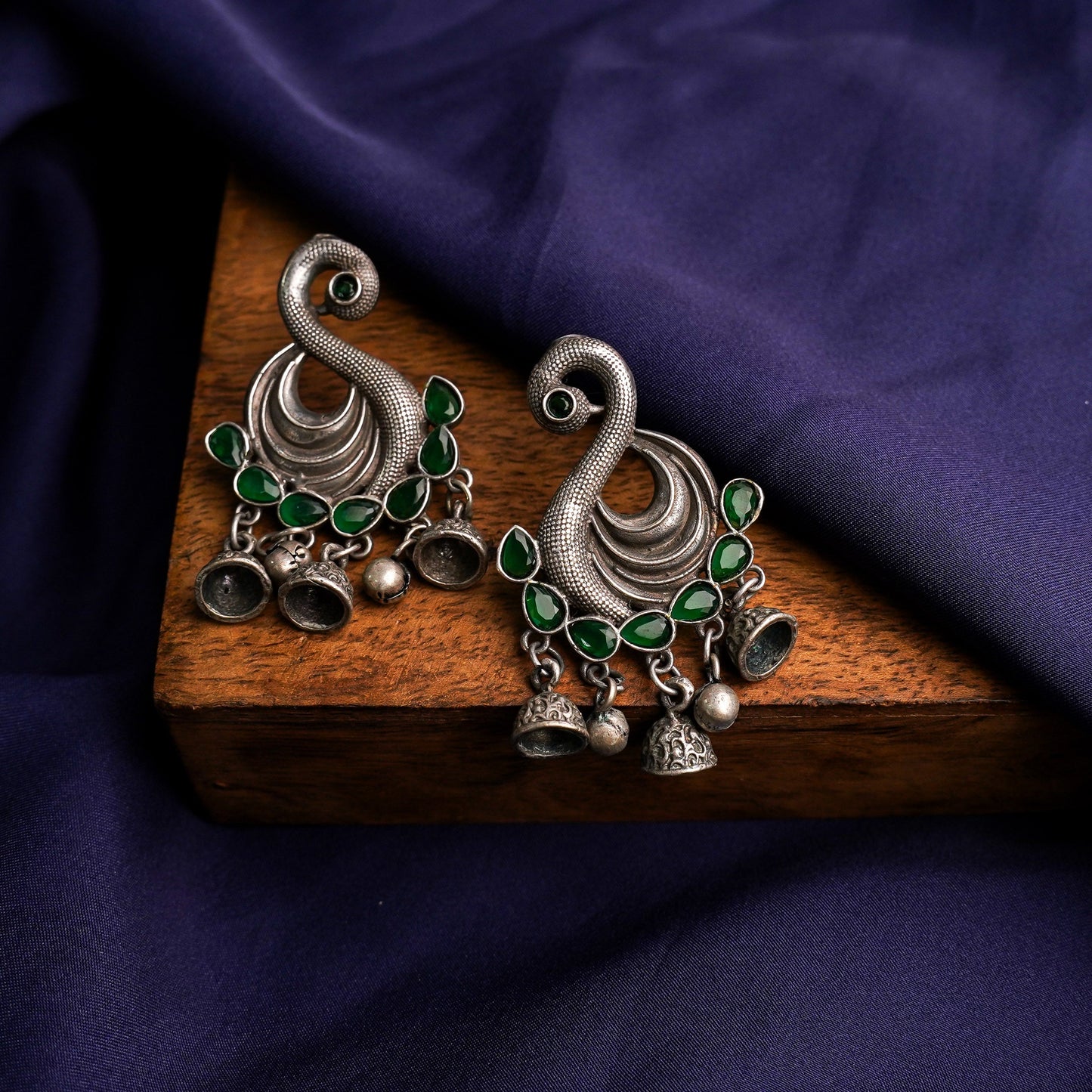 Hansika- Silver Brass ghunghroo dangler earrings(Green)