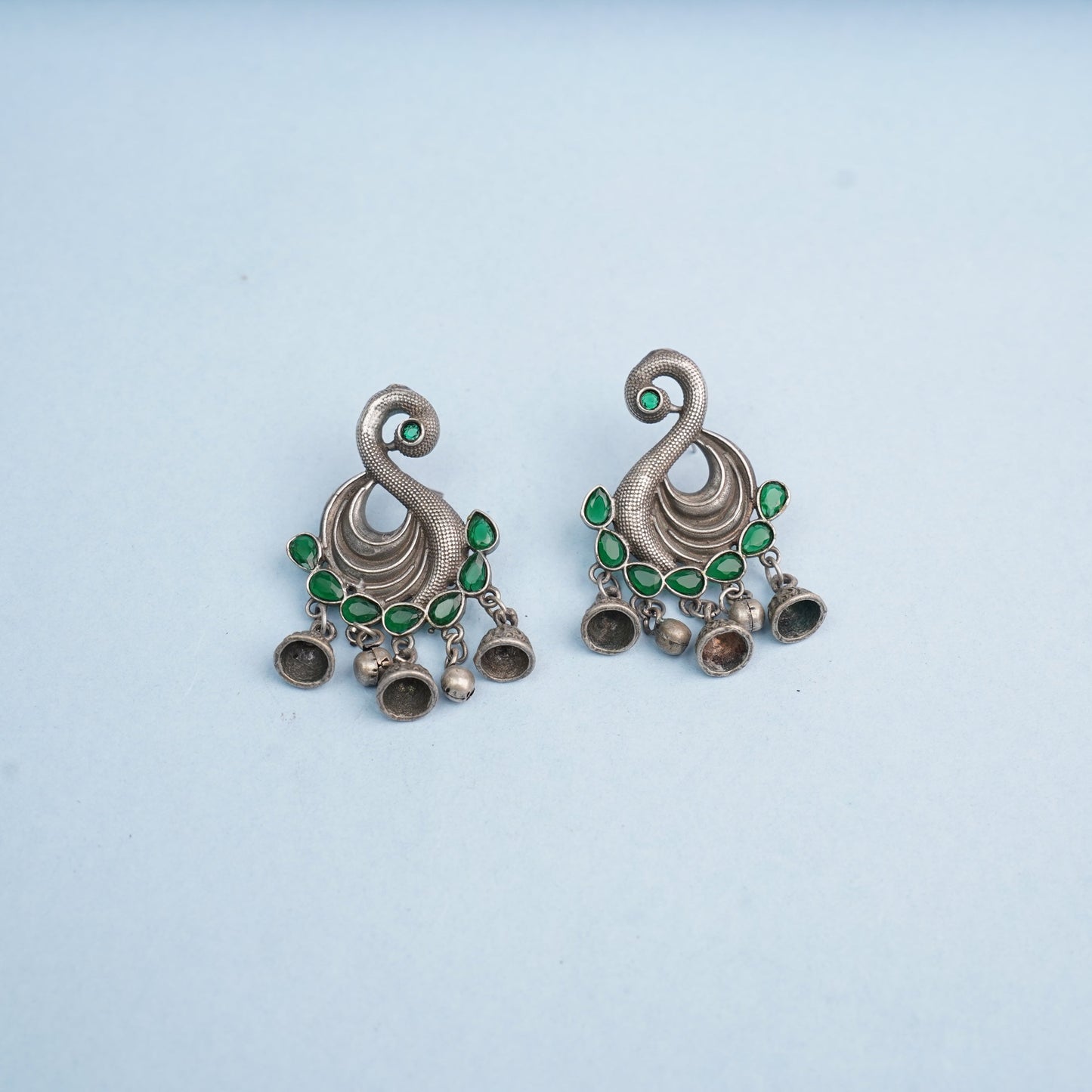 Hansika- Silver Brass ghunghroo dangler earrings(Green)