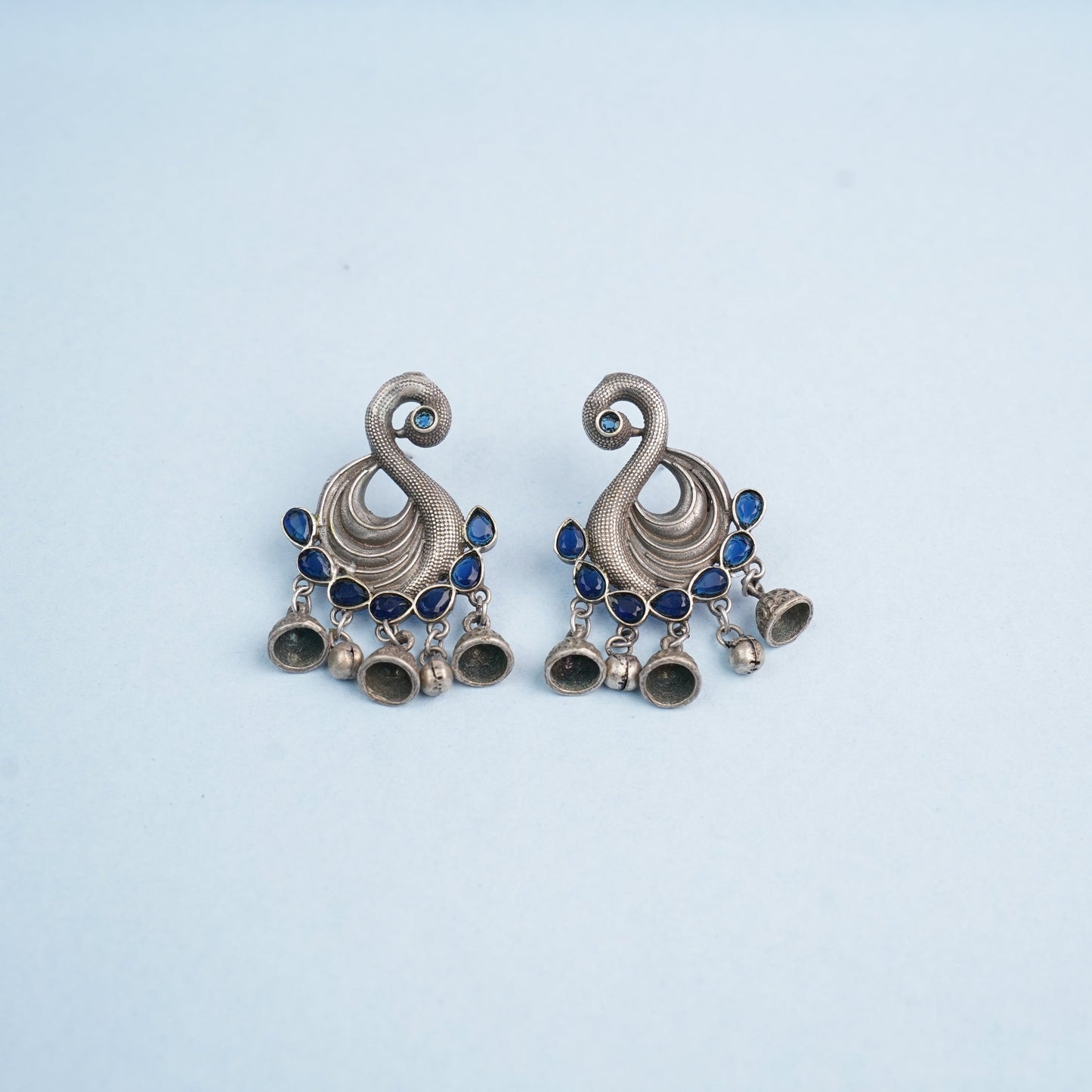 Hansika- Silver Brass ghunghroo dangler earrings(Blue)