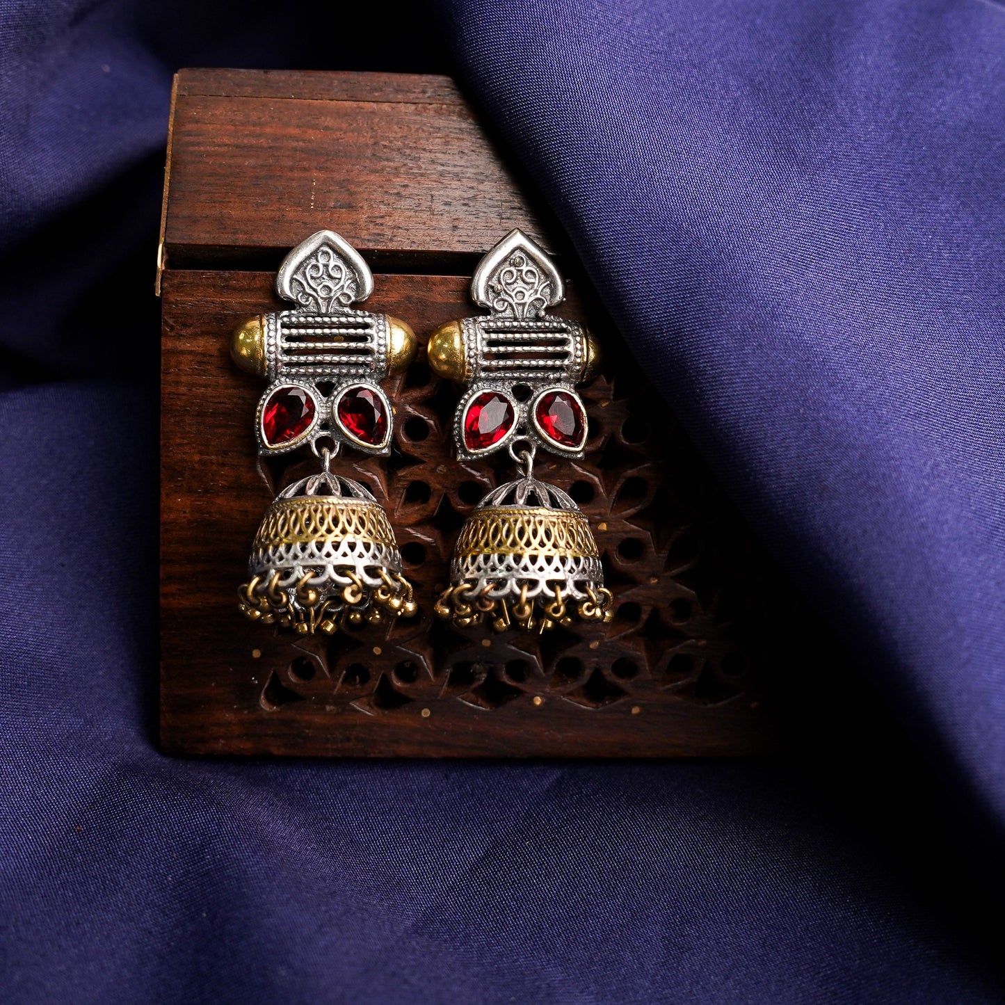 Rupali- Silver Brass Stone studdes Oxidised dangler earrings(Red)