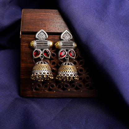 Rupali- Silver Brass Stone studdes Oxidised dangler earrings(Red)