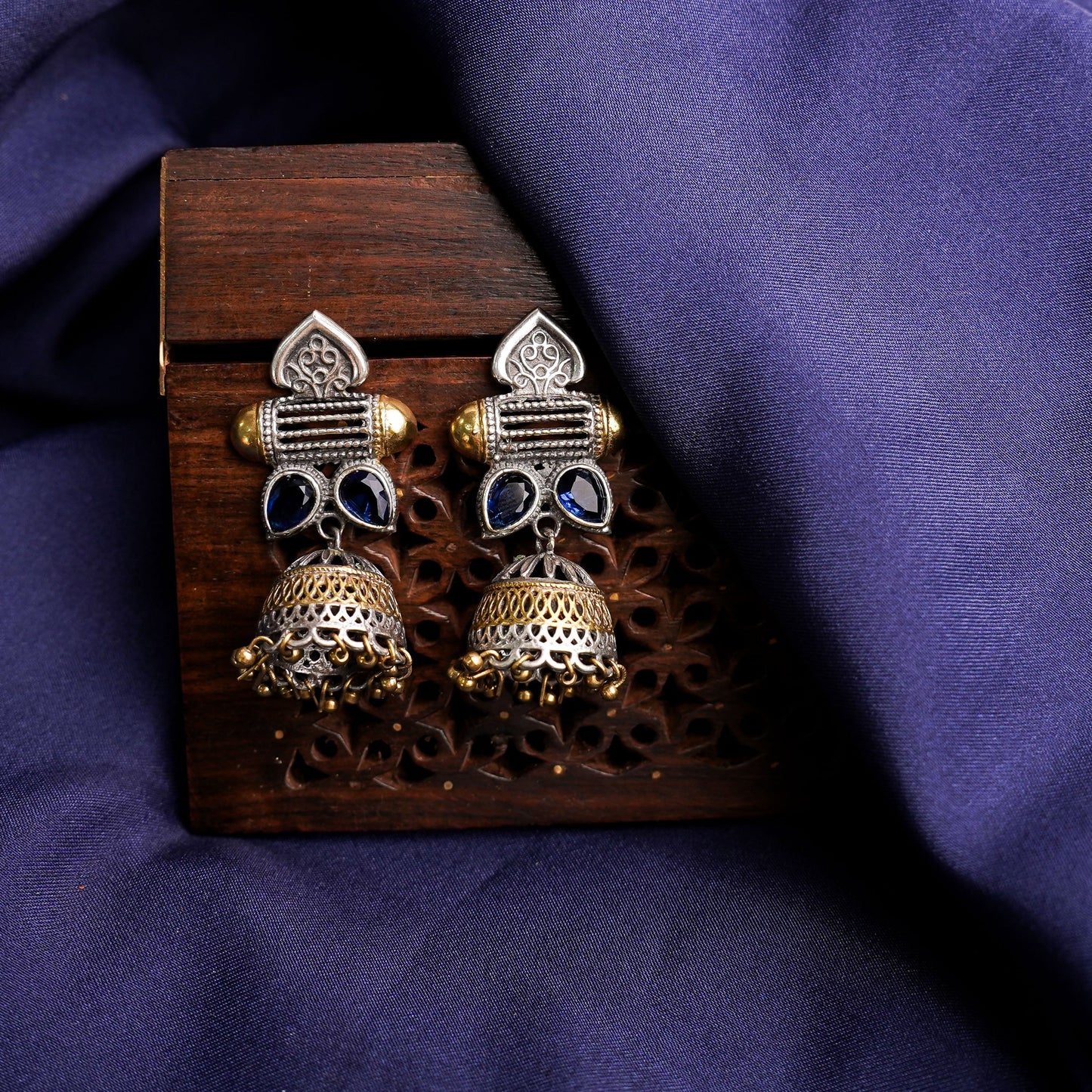 Rupali- Silver Brass Stone studdes Oxidised dangler earrings(Blue)