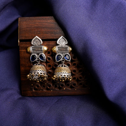 Rupali- Silver Brass Stone studdes Oxidised dangler earrings(Blue)
