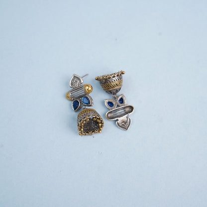 Rupali- Silver Brass Stone studdes Oxidised dangler earrings(Blue)