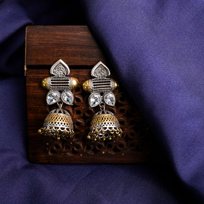 Rupali- Silver Brass Stone studdes Oxidised dangler earrings(White)