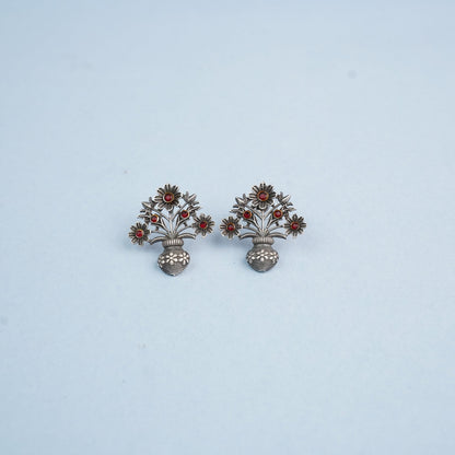 Pushp Kalash- Silver Brass Oxidised stud earrings(Red)