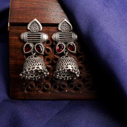 Taal- Silver Brass Oxidised jhumka earrings(Red)