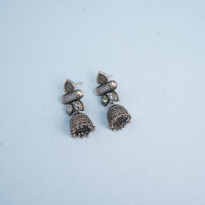 Taal- Silver Brass Oxidised Jhumka earrings(white)