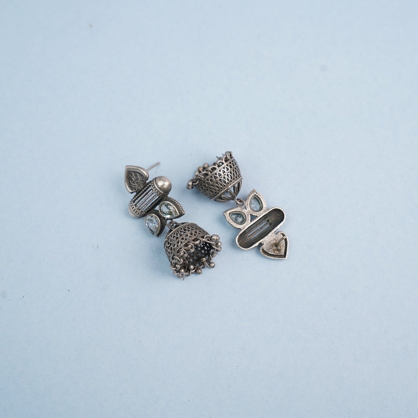 Taal- Silver Brass Oxidised Jhumka earrings(white)