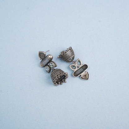 Taal- Silver Brass Oxidised Jhumka earrings(white)