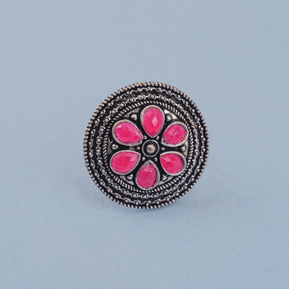 Rashmi- Silver oxidised ring (Red)