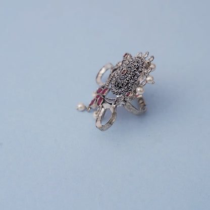Anwita- Silver oxidised ring (Red)
