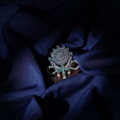 Anwita- Silver oxidised ring (Green)