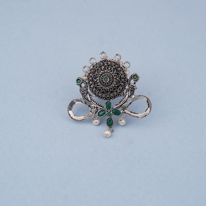 Anwita- Silver oxidised ring (Green)