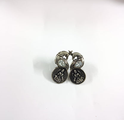 MayurShree- Silver Oxidised Motif Peacock Brass Stud Earrings
