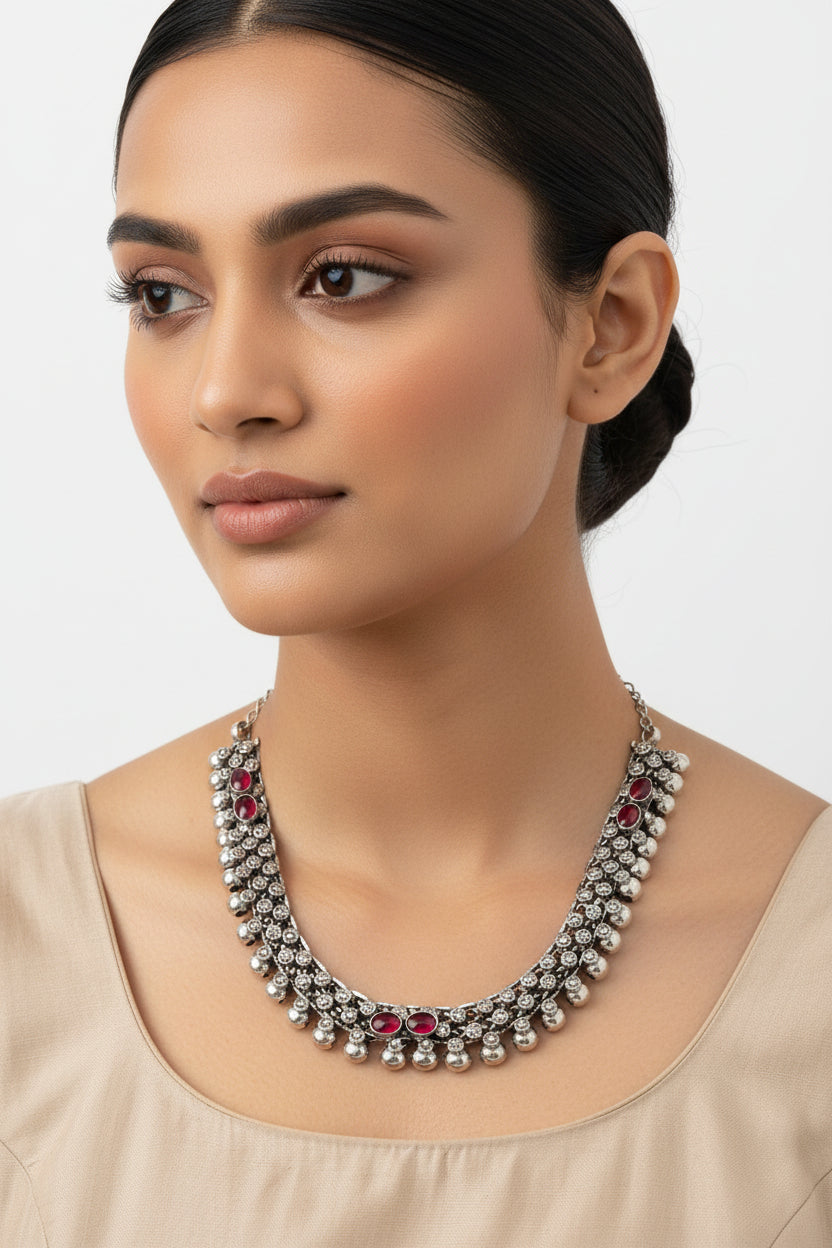 Charita- stone Brass Neckpiece(Red)