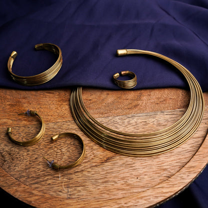 Chitrangada- Multistrand Brass polished Hasli with Earrings & Adjustable Ring