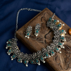 Green Stone studded German Silver Neckpiece set