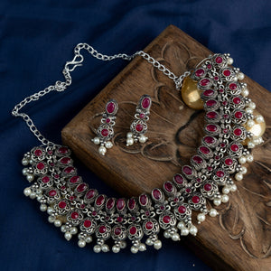 Red Stone studded German Silver Neckpiece set