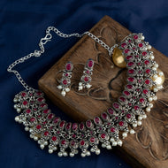 Red Stone studded German Silver Neckpiece set