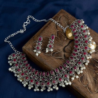 Kamalika- Red Stone studded German Silver Neckpiece set
