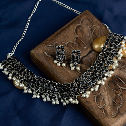 Sharany- Stone studded German Silver Neckpiece set(Black)