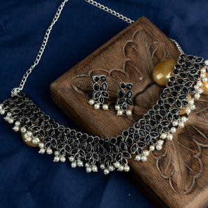 Black Stone studded German Silver Neckpiece set