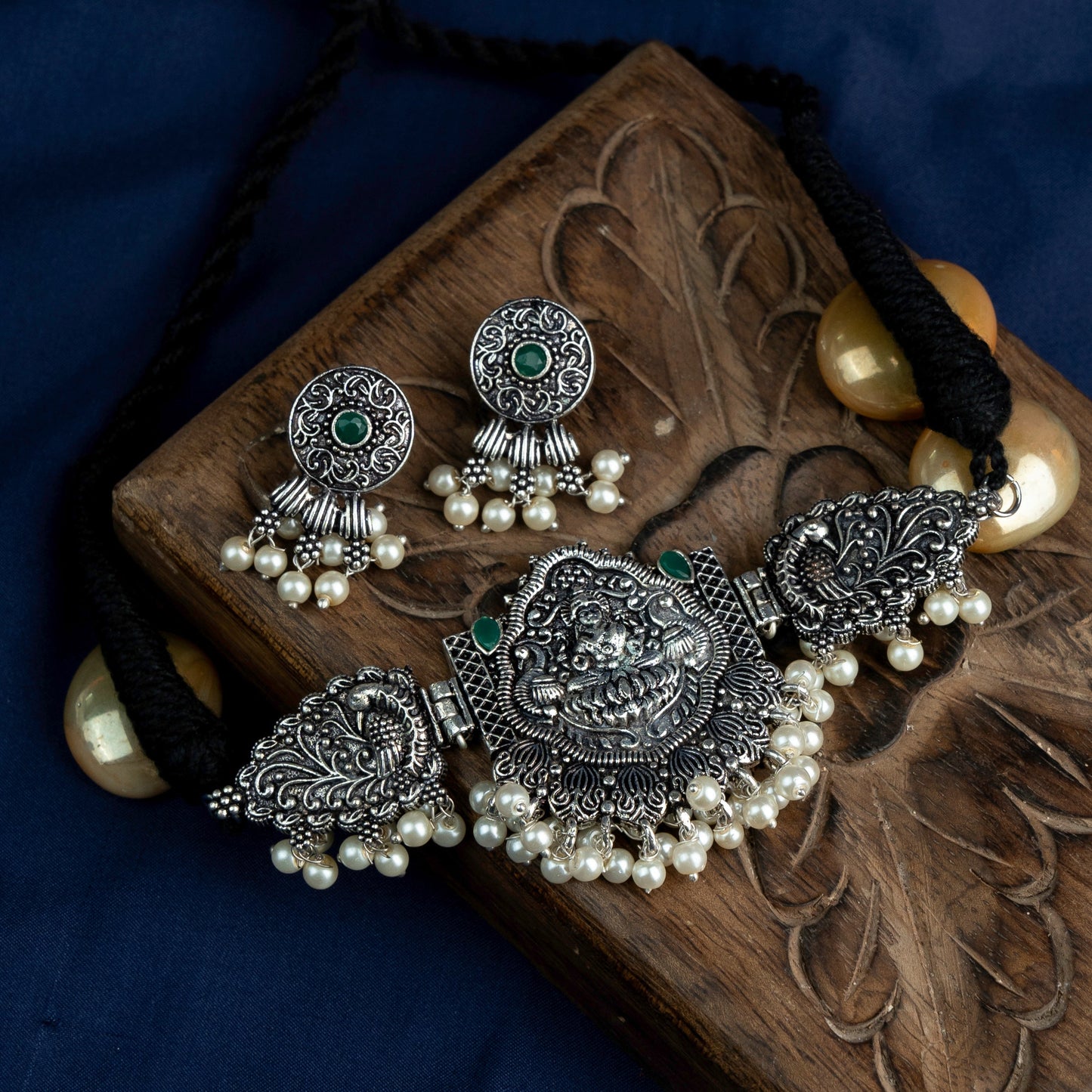 Padmalaya- Stone-Studded Laxmi Motif German Silver Neckpiece set(Green)