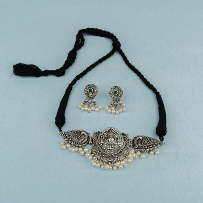 Padmalaya- Stone-Studded Laxmi Motif German Silver Neckpiece set(Green)