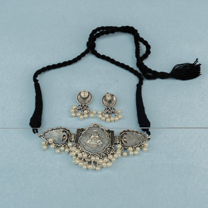 Padmalaya- Stone-Studded Laxmi Motif German Silver Neckpiece set(Green)