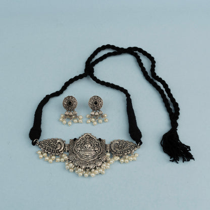 Padmalaya- Stone-Studded Laxmi Motif German Silver Neckpiece set(Black)