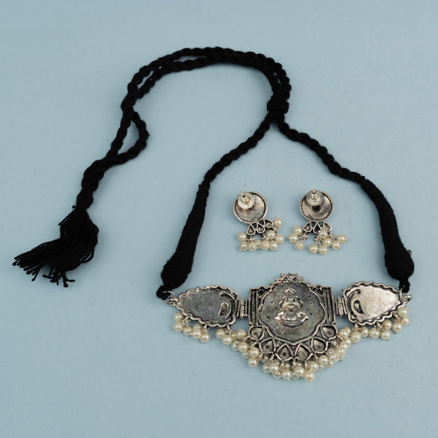 Padmalaya- Stone-Studded Laxmi Motif German Silver Neckpiece set(Black)