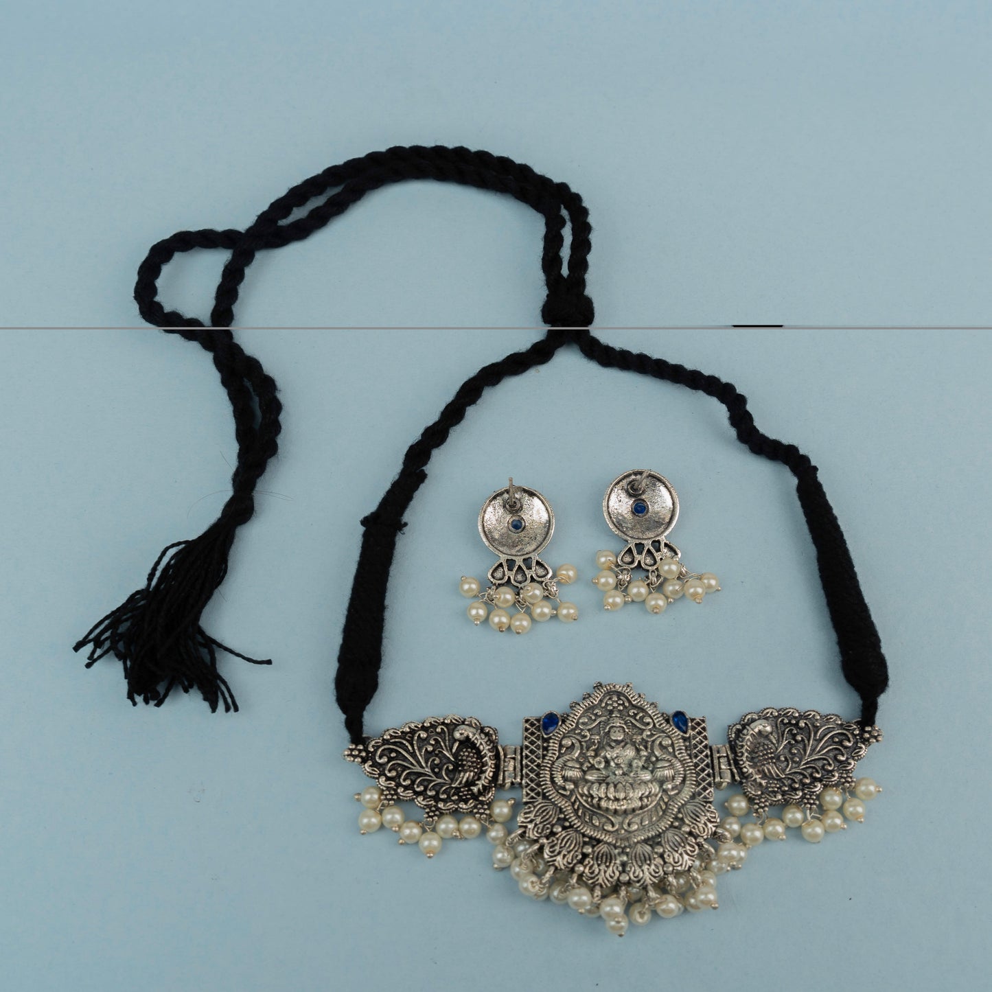 Padmalaya- Stone-Studded Laxmi Motif German Silver Neckpiece set(Blue)