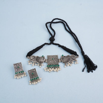 Rasika- Oxidised neckpiece with Earrings (Green)
