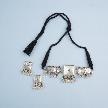 Rasika- Oxidised neckpiece with Earrings (Green)