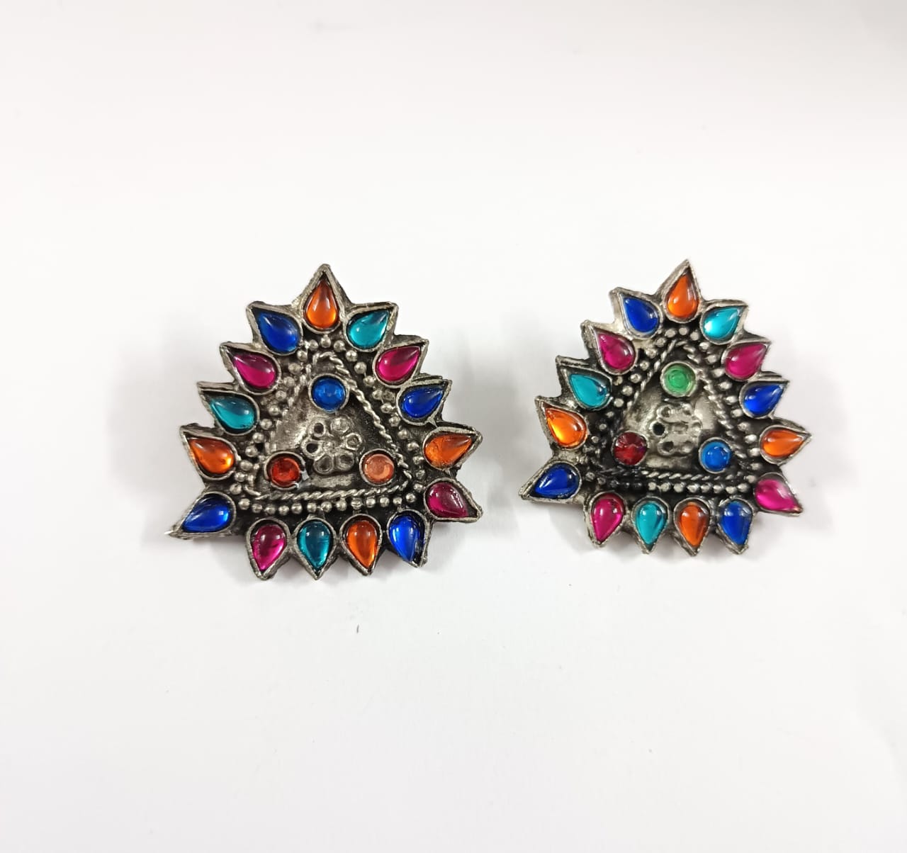 Indrdhanush- Silver oxidised Stone-Studded stud earrings