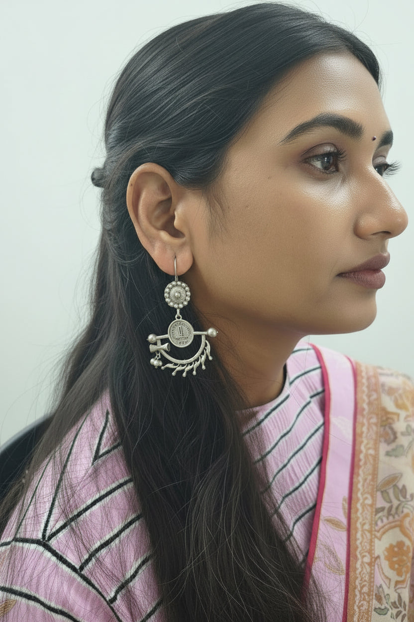 Mudrika- Silver Brass Oxidised dangler earrings